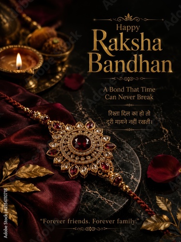 Opulent Raksha Bandhan celebration with a beautiful, intricate rakhi, traditional candle, and festive elements creating a memorable bond.