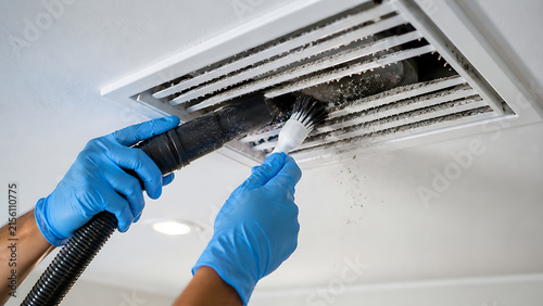 technician wearing blue gloves cleaning dusty home ceiling air vent and hvac system grille using brush and vacuum hose for indoor air quality maintenance