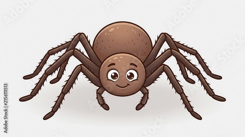 Cute cartoon spider character, friendly brown arachnid illustration, smiling insect mascot on white background