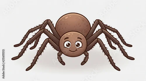 Fototapeta na wymiar Cute cartoon spider character, friendly brown arachnid illustration, smiling insect mascot on white background