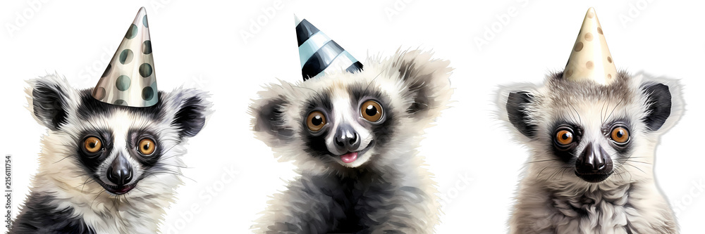 Obraz premium Three cute lemurs wearing festive party hats on black background illustration