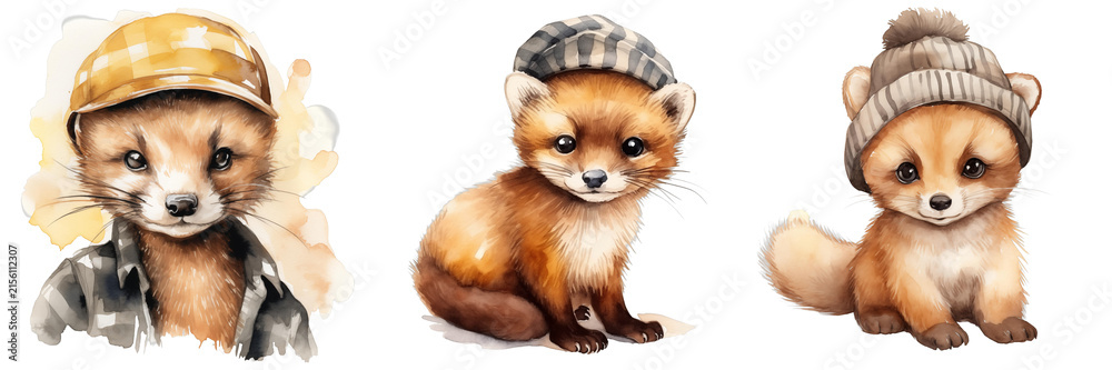Naklejka premium Watercolor illustration showcasing three adorable cartoon foxes wearing different hats against a black backdrop
