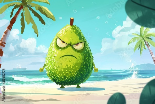The evil avocado supervillain standing on a tropical beach, 3D illustration