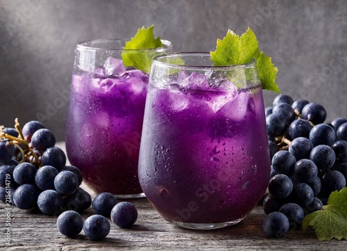 Two glasses of purple grape juice with ice and mint garnishes on rustic wooden surface with grapes