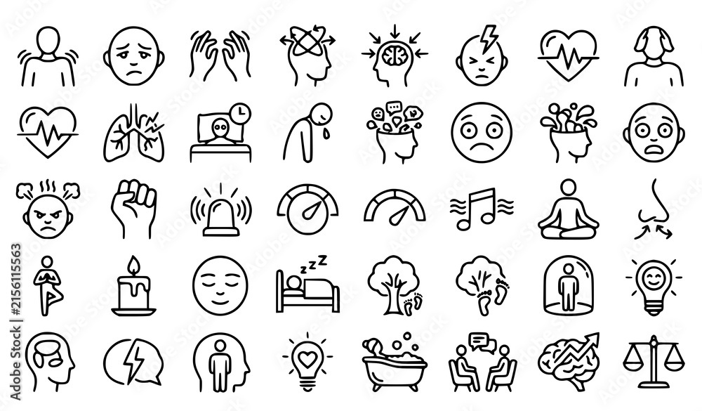 Fototapeta premium Stress Management and Mental Wellness Outline Icon Set for Anxiety Relief and Self Care