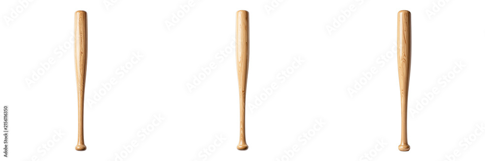 Fototapeta premium Three wooden baseball bats are displayed in a studio setting against a black backdrop