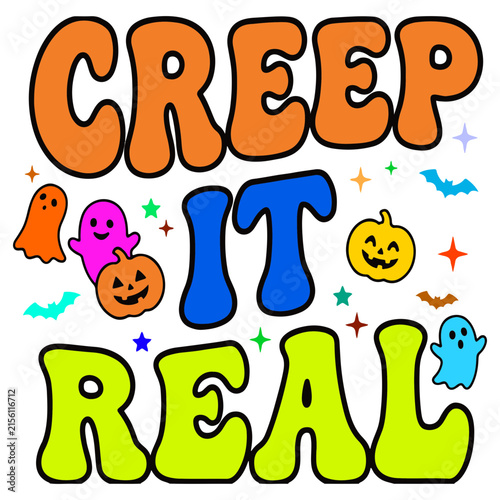 Creep it real Halloween party text with pumpkins and bats