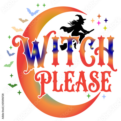 Colorful witch please text with flying witch silhouette and stars