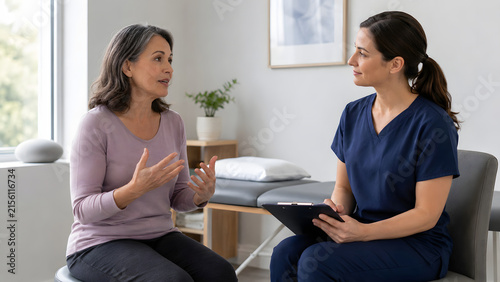 Woman discussing pelvic health with a healthcare professional during a seated consultation focused on pelvic floor therapy and wellness guidance.