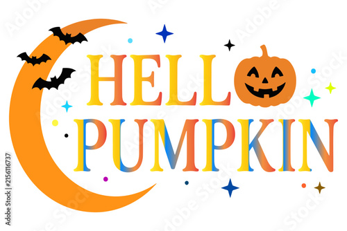 Colorful Halloween greeting card with pumpkin and bats on crescent moon