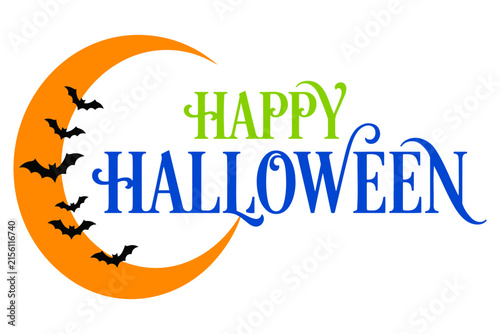 Colorful Halloween greeting card with bats and crescent moon