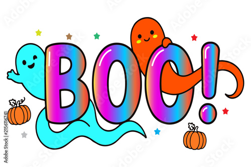 Colorful Halloween Boo! text with ghosts and pumpkins illustration
