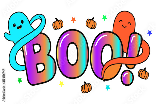 Colorful Halloween Boo Text with Ghosts and Pumpkins Vector Art
