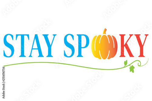 Colorful Stay Spooky Halloween logo with pumpkin and green leaves