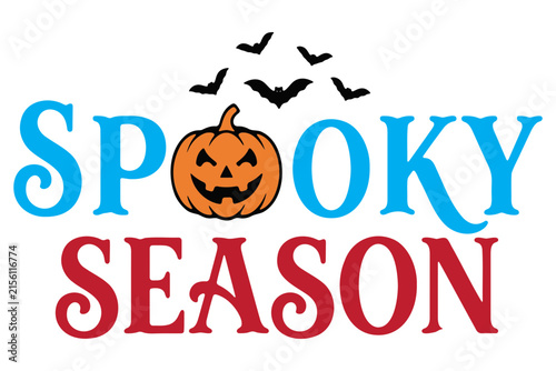 Colorful spooky season text with jack-o-lantern and bats