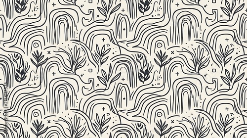 Seamless pattern with hand drawn abstract arched architecture lines and plants seamless abstract botanical