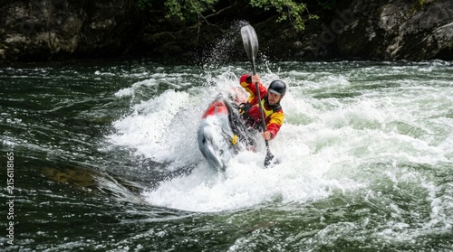 Kayaker navigates whitewater rapids while raising a paddle high on a river