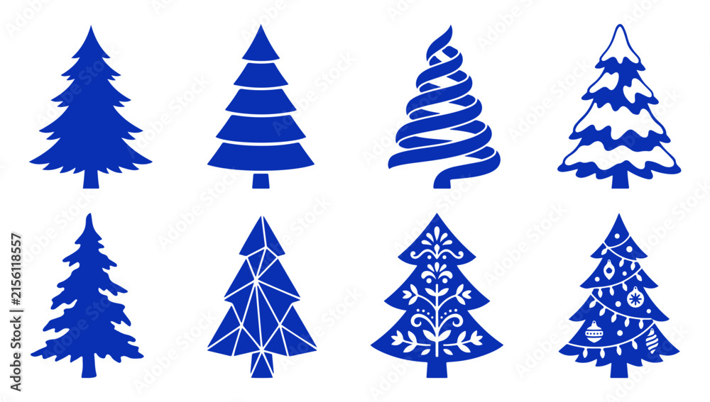 Obraz premium Set of blue Christmas tree silhouette icons for holiday cards and seasonal winter design