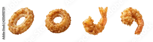 Obraz  z motywem Crispy Fried Seafood Set with Golden Battered Onion Rings, Shrimp, and Prawns. Pop Art Food Illustration and Snack