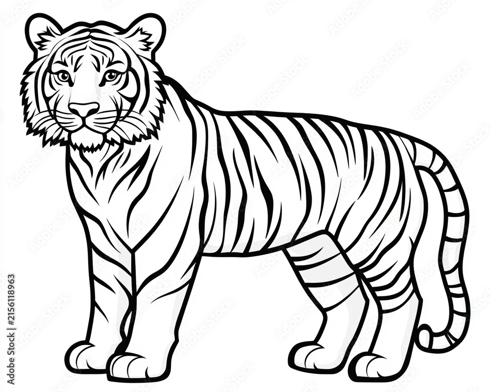 Fototapeta premium Black and White Coloring Page of a Majestic Wild Tiger for Educational and Creative Activities.