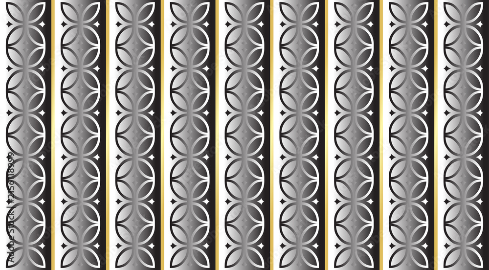 Silver metallic pattern with circular geometric shapes on dark vertical stripes for luxury background design.