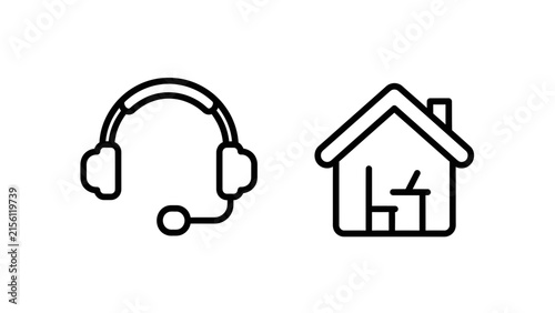 Set of line icons for customer support headset and remote home office workplace