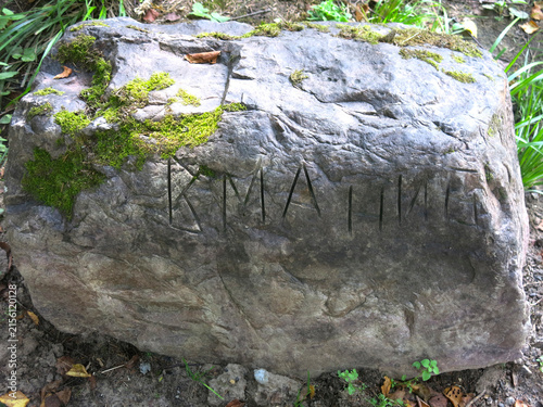 Mysterious inscription on a large gray stone near the village of Novoselovo, Russia