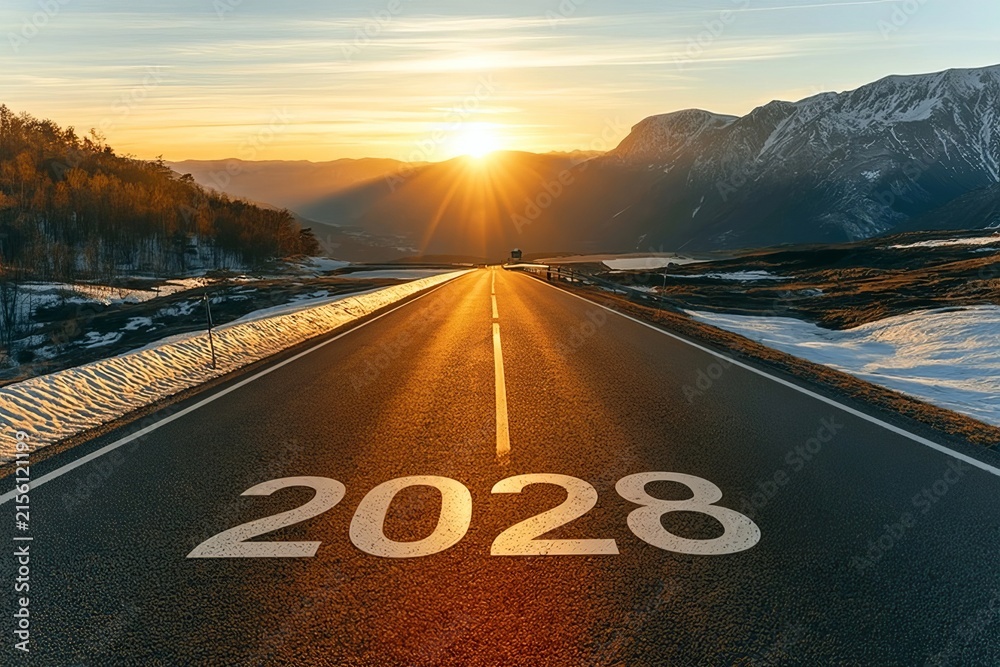 Obraz premium A Future Concept Showcasing An Empty Asphalt road Stretching Into The Horizon For Year 2028 Success.