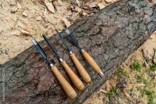 Quadro su tela tools for wood processing and artistic cutting, chisels and chisels