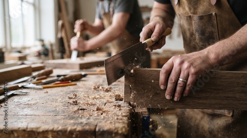 Two woodworkers in a rustic workshop, one using a handsaw on wood, the other a chisel, showcase the craft of woodworking with precision and dedication.