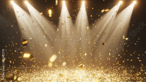 A vibrant festive celebration scene with numerous bright overhead spotlights casting strong beams downward through a dense shower of glowing golden confetti pieces swirling against a dark background