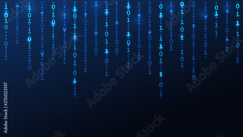 Binary code background. Falling one and zero on dark blue backdrop
