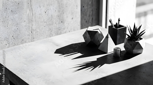 Black and white minimalist workspace with concrete desk, succulent plant, geometric objects, and office supplies featuring dramatic shadows and copy space