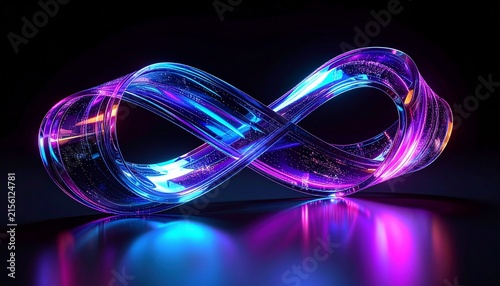 Infinite Loop of Light: A mesmerizing infinity symbol rendered in iridescent, glowing glass, reflecting vibrant neon hues of blue and purple against a dark, atmospheric background.