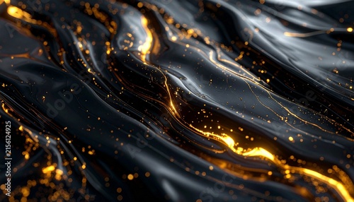 Abstract Black and Gold Swirl: A captivating abstract image featuring flowing dark, liquid-like textures intertwined with shimmering gold particles and luminous streaks.