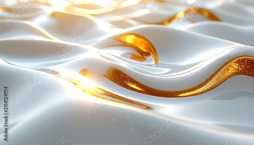 Liquid Gold Abstract: A mesmerizing abstract macro shot of flowing liquid gold creating elegant ripples and curves against a creamy white backdrop, evoking luxury and sophistication.
