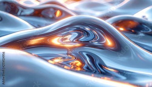 Liquid Metal Abstract: A stunning abstract representation of flowing liquid metal, with shimmering silver waves and fiery orange highlights, creating a mesmerizing visual texture.