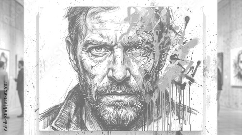 Rugged man portrait sketch, distressed ink illustration of a bearded male face with intense gaze, artistic black and white drawing for creative design