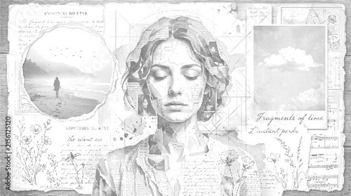 Surreal portrait illustration with botanical elements and dreamlike landscape circle, vintage artistic composition for creative projects and digital