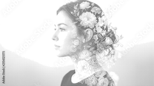Floral double exposure vector illustration of a woman profile beautifully adorned with an array of vibrant flowers and artistic elements