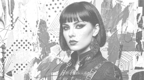 Close-up portrait of a woman in bold makeup beautifully showcasing her striking features against an eye-catching abstract geometric background design