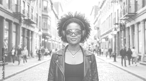 Confident woman in stylish sunglasses and a leather jacket standing boldly on a vibrant city street full of life and urban excitement