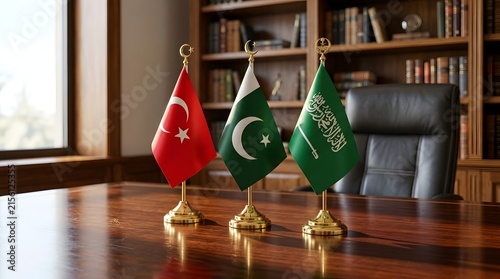 Turkey and Pakistan national flags on wooden conference table for diplomatic meeting or summit