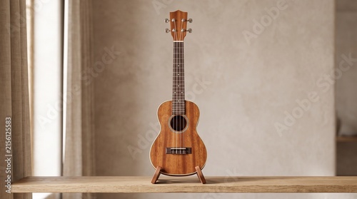 Acoustic Ukulele on Display: A finely crafted acoustic ukulele with a warm wood finish rests on a stand, bathed in soft, natural light, evoking a sense of calm and creative inspiration.