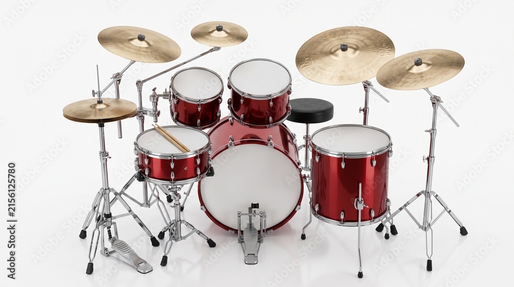 Fototapeta premium Complete Drum Kit: A professional drum set, gleaming with a rich red finish, stands ready for a musical performance, complete with cymbals, snare, tom-toms, and bass drum.