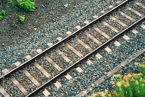 Quadro su tela High angle diagonal view of railway tracks and gravel ballast in Oslo, Norway