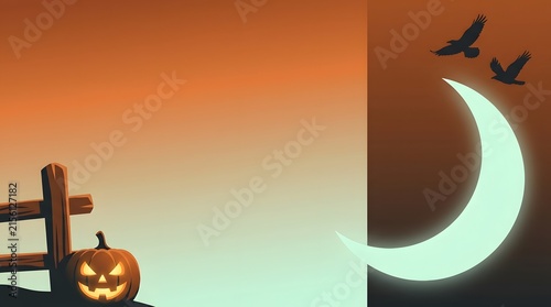 Halloween pumpkin with crescent moon and flying birds