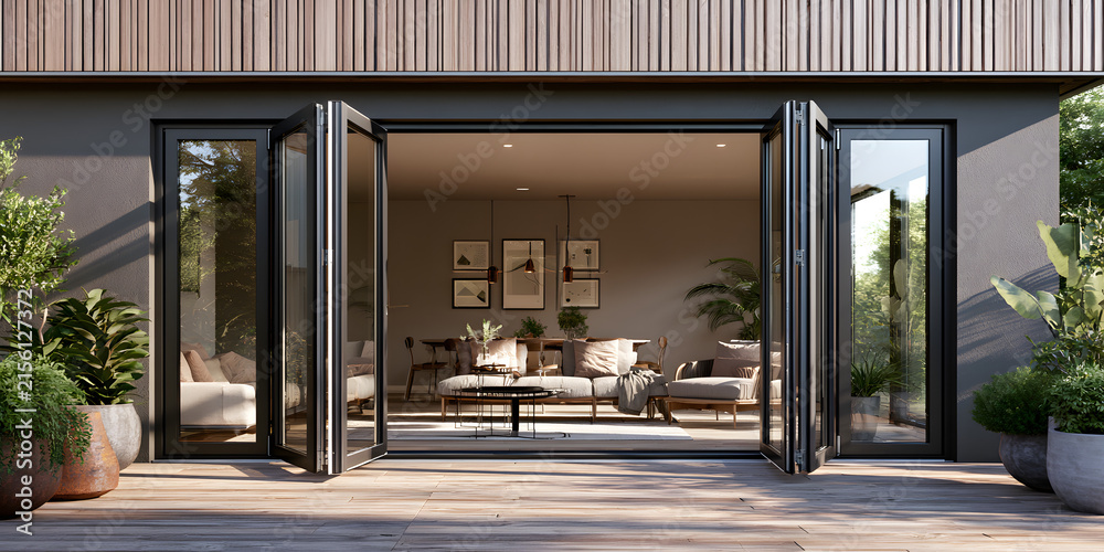 Fototapeta premium Entrance to the terrace via an aluminium folding door