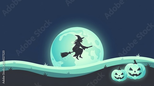 Witch flying on a broomstick with pumpkins at full moon