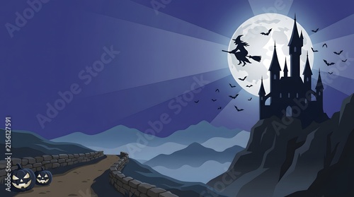 Witch flying on broomstick over haunted castle at night